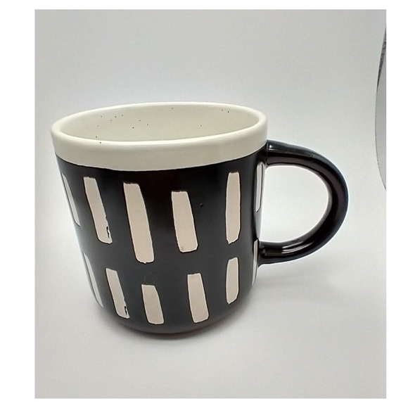 VTG MCM Cream Speckled Stoneware Mug Black Striped Glaze 14oz C Handle - Picture 2 of 8